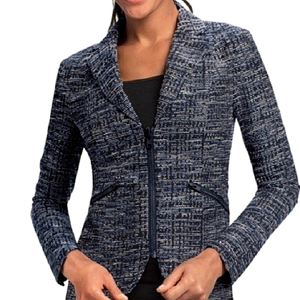 Cabi Navy Tweed Zip Front Jacket Blazer Style 723 Long Sleeve Size 8